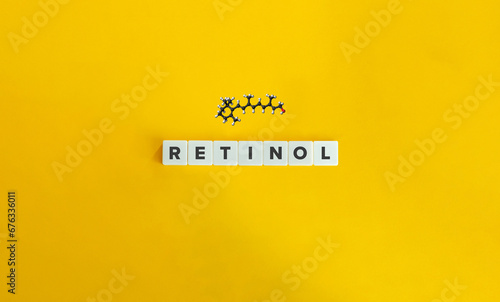 Retinol Word and Molecule, Ball and Stick Model. Dermatology, Skincare, Anti-age, Skin Lifting. 