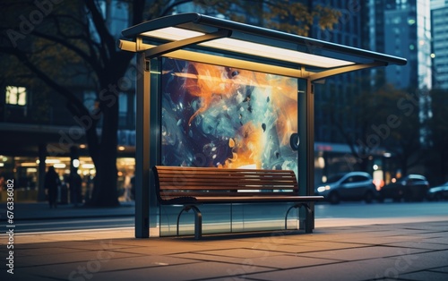 Bus stop with seat and builboard mock up on a city background