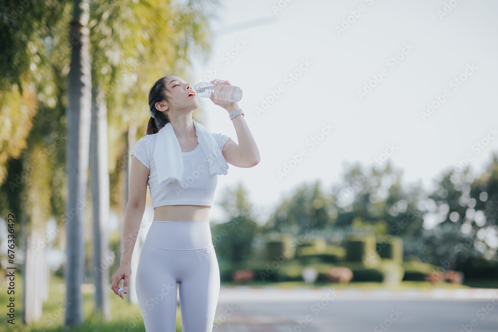 Happy petite Asian woman running at sunrise The concept of good health and exercise Happy petite Asian woman running at sunrise The concept of good health and exercise