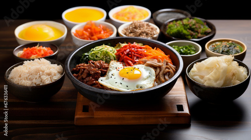 The Korean dish Bibimbap is rice with vegetables and meat.