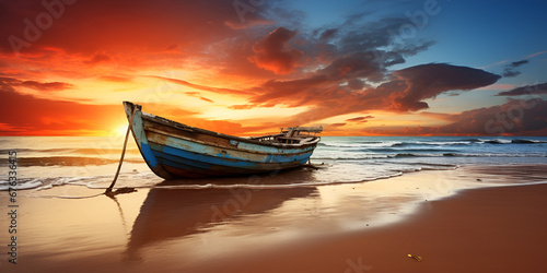 Scenic Sunset Beach Paradise View with Wooden Boat Colorful landscape stock photo of sunset over the ocean and boat with clouda on the background Ai Generative