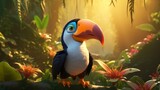 Charming Kid's Illustration of a Cute Toucan Alone in a Lush Jungle Featuring Flora and Fauna