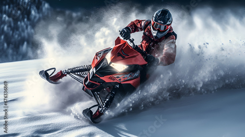 Man in helmet rides snowmobile in snowy mountains © Alina
