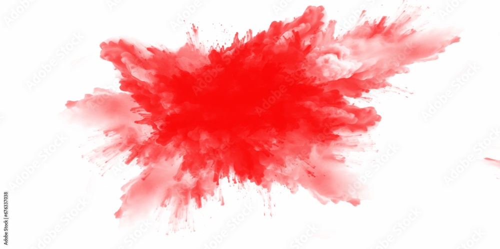 Abstract texture of exploding powder colorful red color, isolated on white background. Bright red holi paint color powder festival explosion burst isolated white background. industrial print concept 