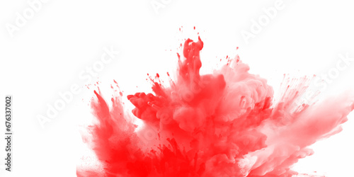 Abstract texture of exploding powder colorful red color, isolated on white background. Bright red holi paint color powder festival explosion burst isolated white background. industrial print concept 