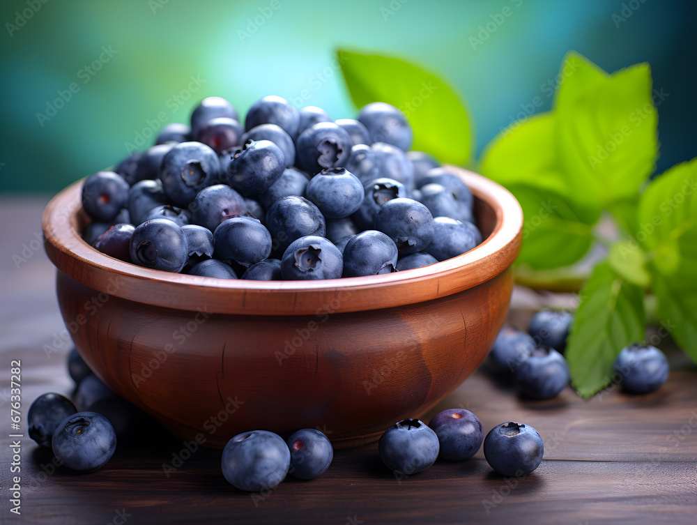 Fresh and ripe blueberries in a wooden bowl on table with blurred background Fresh and ripe blueberries in a wooden bowl on table with blurred background