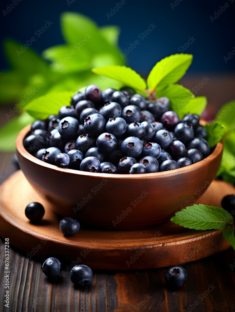 Fresh and ripe blueberries in a wooden bowl on table, dark background with leaves Fresh and ripe blueberries in a wooden bowl on table, dark background with leaves
