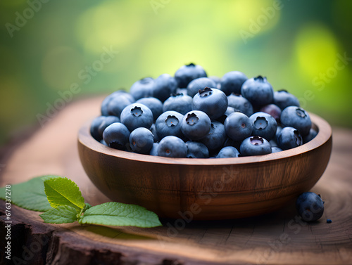 Fresh and ripe blueberries in a wooden bowl on table with blurred background 