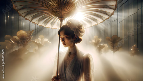 A cinematic shot of an Asian woman gracefully holding an umbrella. photo