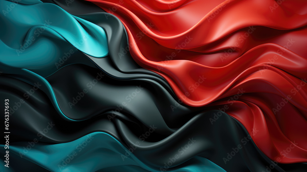 Stark contrasts with black, and red in a wavy abstract. Textile, silk simulation background mixed as liquid acrylic colors