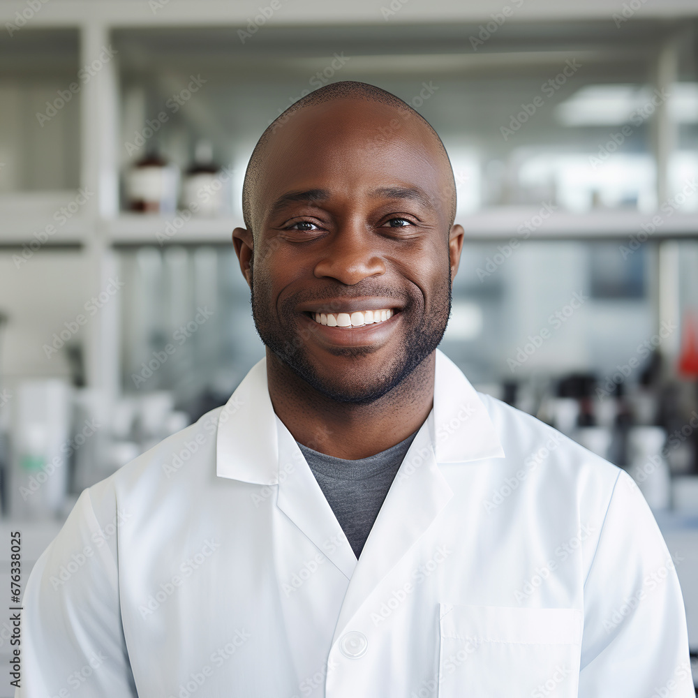 Happy Black male researcher wearing white lab coat, in a laboratory setting filled with equipment and shelves Happy Black male researcher wearing white lab coat, in a laboratory setting filled with equipment and shelves