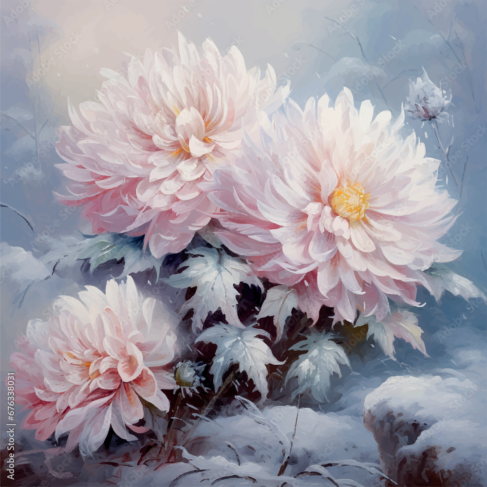 Illustration of chrysanthemums on the snow 