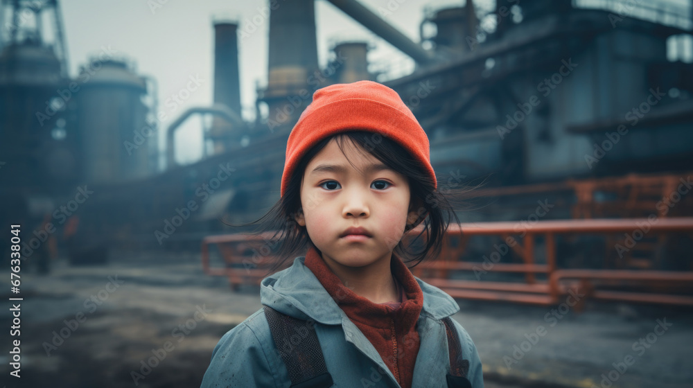 an Asian child against a factory, urging the world to unite against prohibited child labor. an Asian child against a factory, urging the world to unite against prohibited child labor.