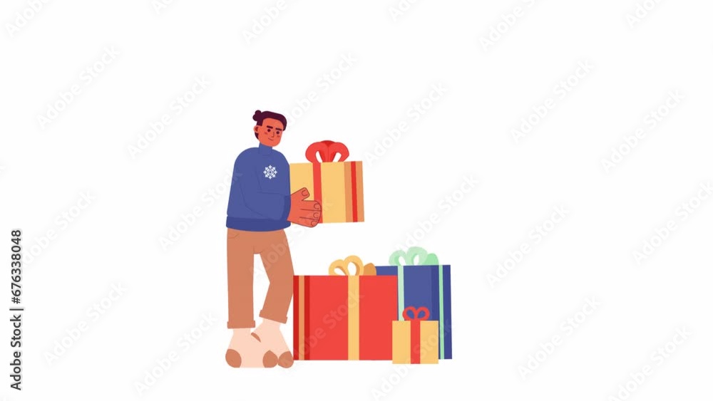 Latin american man checking presents Xmas 2D character animation. Hispanic guy holding giftbox flat cartoon 4K video, transparent alpha channel. Winter sweater male animated person on white background Latin american man checking presents Xmas 2D character animation. Hispanic guy holding giftbox flat cartoon 4K video, transparent alpha channel. Winter sweater male animated person on white background