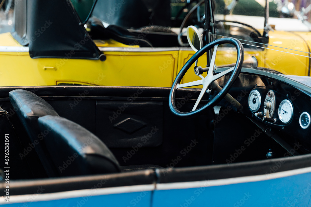 Steering wheel in car vintage cars exhibition