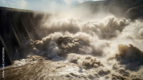 Catastrophic dam failure a torrential flood wreaks havoc, a scene of nature's force unleashed. photo