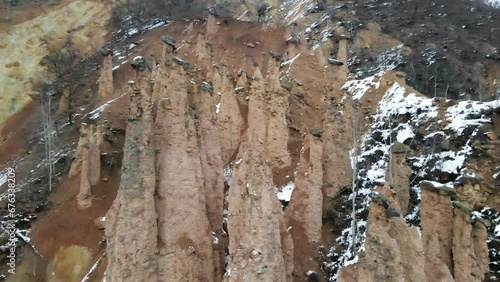 Close up shot of nature phenomenon Devil's Town, rock formations in Radan mountain in Serbia