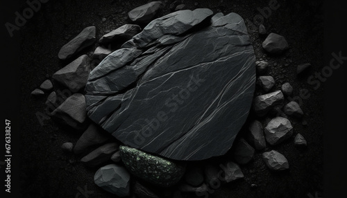 A large, smooth black rock with white lines, surrounded by smaller rocks on a black background, Black stone texture