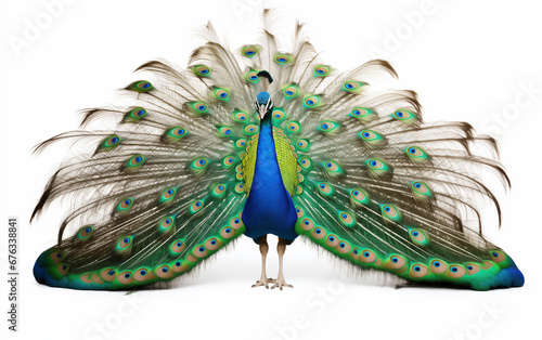 peacock showing beautifully spread tail feathers, white background.