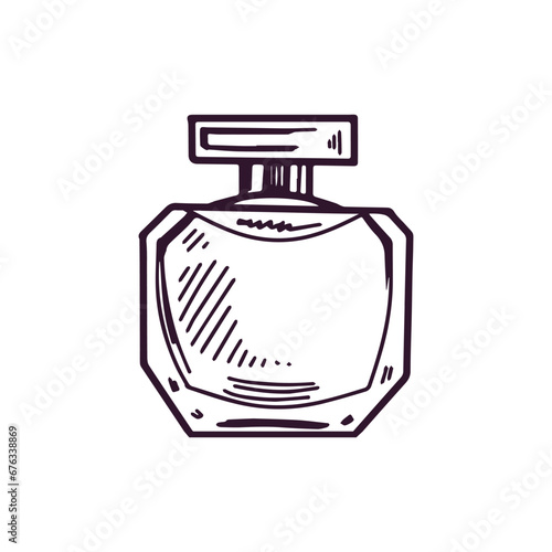 Hand-drawn perfume bottle, beauty cosmetic element, self care. Illustration for beauty salon, cosmetic store, makeup design. Doodle sketch style.