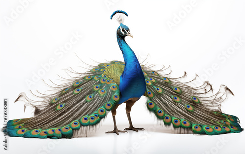 Front view of a male peacock showing his tail feathers about to spread over a white background.