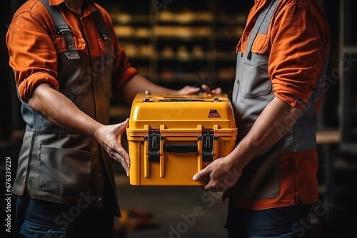 Close-up of a construction worker holding a toolbox in his hands © ttonaorh