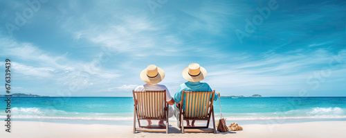 retirment happiness, Senior couple sitting on beach chairs on sunny beach. rear view.