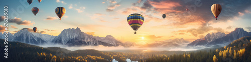 Hot air balloons flying above beautiful nature. copy space for your text.