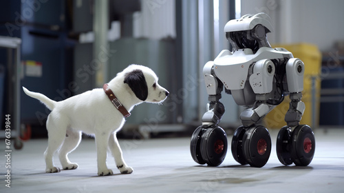puppy looks to robot. High technology concept of future domestic animals in electronic home. Indoors