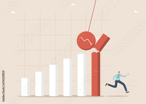 Loss of money, profit from investments and deposits, decrease in business value, financial or economic collapse, defeat or failure in foreign exchange market, a man runs from a falling graph.