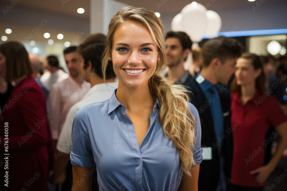 Generative ai illustration of sales associate standing smiling in kitchen showroom Generative ai illustration of sales associate standing smiling in kitchen showroom