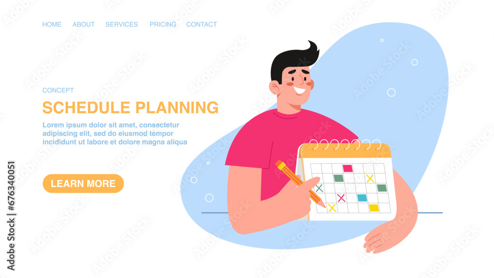 Time management, business planning, organizing and adherence to calendar schedule and work plan, notification and reminder. Web banner, infographic, web page with schedule planning, man marks calendar Time management, business planning, organizing and adherence to calendar schedule and work plan, notification and reminder. Web banner, infographic, web page with schedule planning, man marks calendar