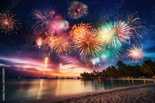 Fireworks show on tropical beach. The New Year celebration © Photocreo Bednarek