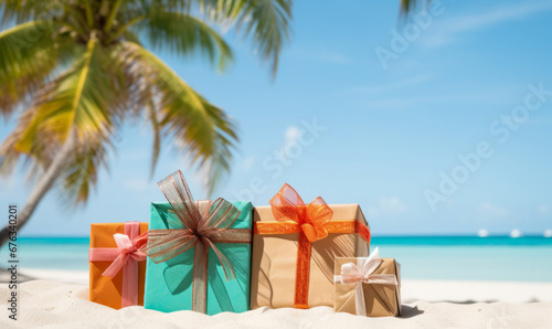Christmas holiday vacation. Festive gifts and presents on a tropical beach. Seasonal travel © ink drop