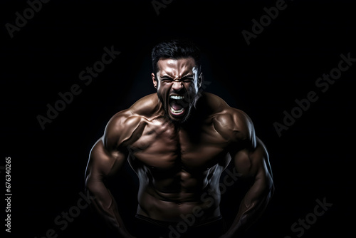 bodybuilder athlete screaming on black background. Neural network AI generated art