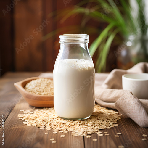 Bottle of oat milk on tables.