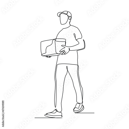 Continuous single line sketch drawing of delivery courier man holding cardboard box package container order. One line delivery shipment worker people vector illustration