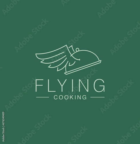 flying food logo line art wing illustration cooking concept restaurant canteen chef cooking branding fast food