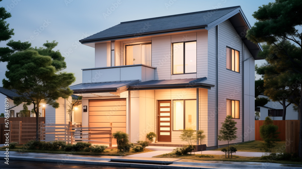 明かりの灯った現代的な住宅 明かりの灯った現代的な住宅