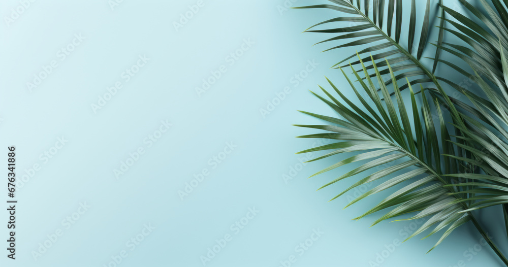 Minimalistic light blue background with tropical palm leaves and soft shadows. Copy space.