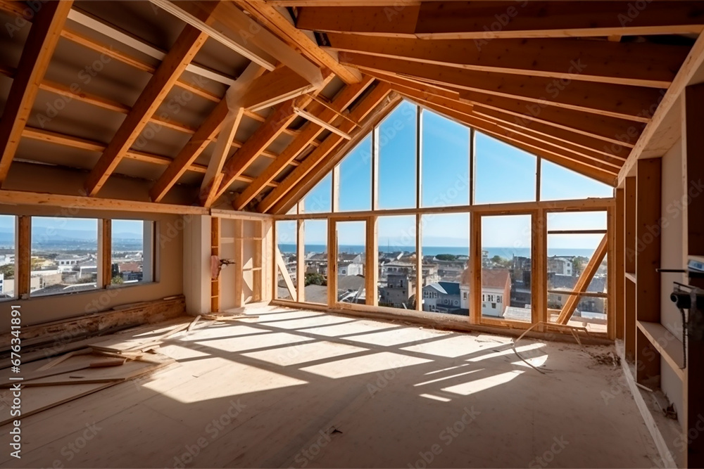 modern attic construction site with large windows, high rooms, daylight, bright modern attic construction site with large windows, high rooms, daylight, bright