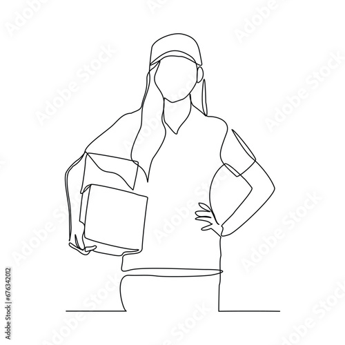 Continuous single line sketch drawing of delivery courier woman holding cardboard box package container order. One line delivery shipment worker people vector illustration