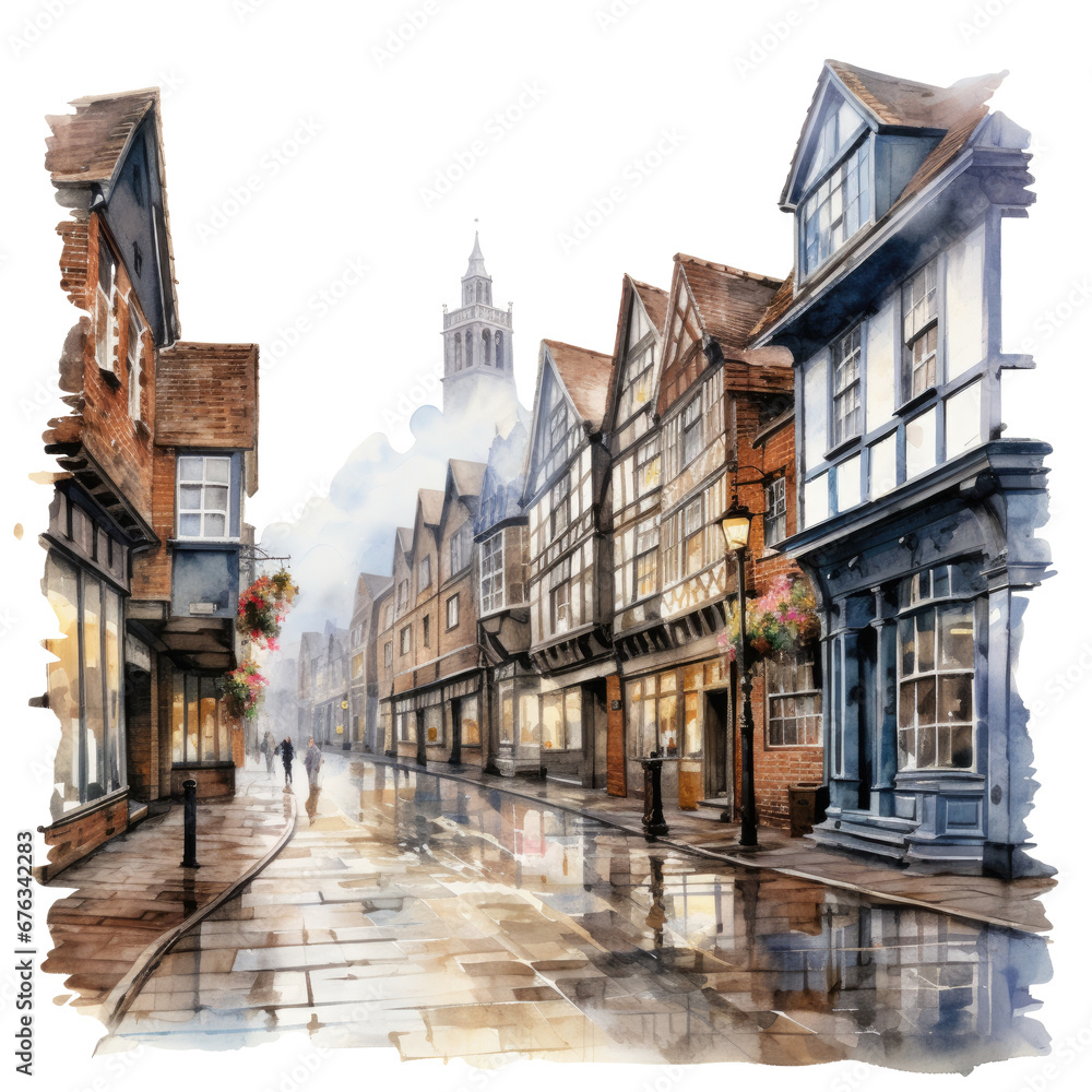 Fototapeta premium Vibrant Colorful City Landscape, Watercolor Painting Drawing, png