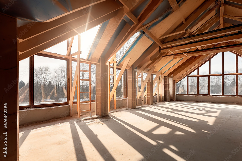 modern attic construction site with large windows, high rooms, daylight, bright modern attic construction site with large windows, high rooms, daylight, bright