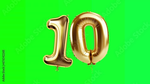 Gold balloon Number 10 ,Green Screen, Animation, motion loop, video footage, motion graphic