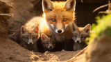 Wild red fox with cubs close up near its den feeding