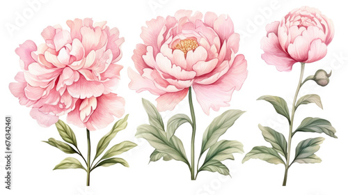 Set of watercolor fresh pink peony flowers  png