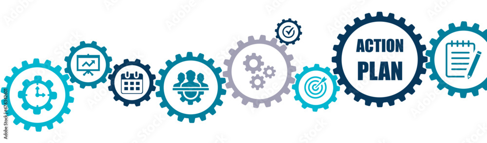 Action plan banner vector illustration with the icons of business strategy, development, teamwork, planning, management, target, growth on white background