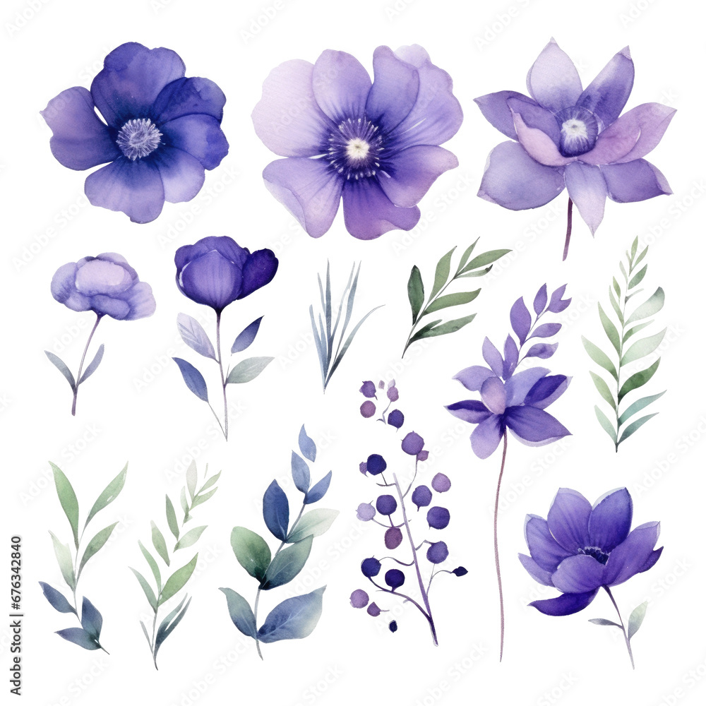 Obraz premium Set of watercolor purple flowers leaves and twigs on a transparent background, png