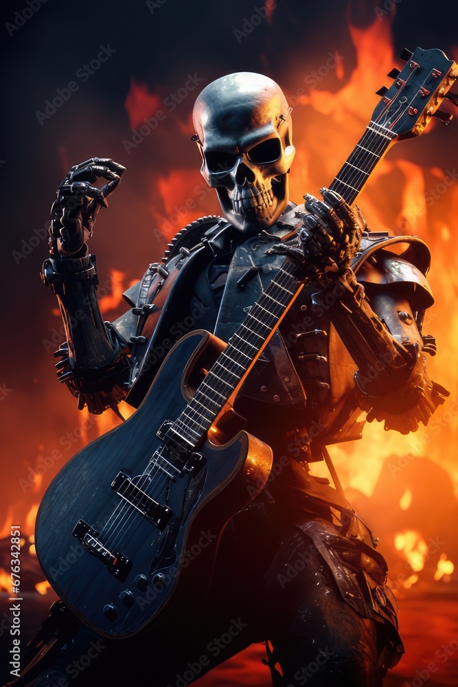 Naklejka premium Skull robot playing guitar, AI generated Image